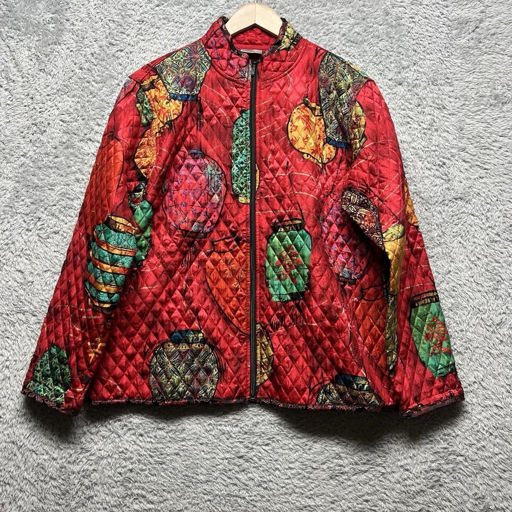 Chicos Silk Jacket Womens 3 US XL Red‎ Quilted Chinese Lantern Asian Vintage